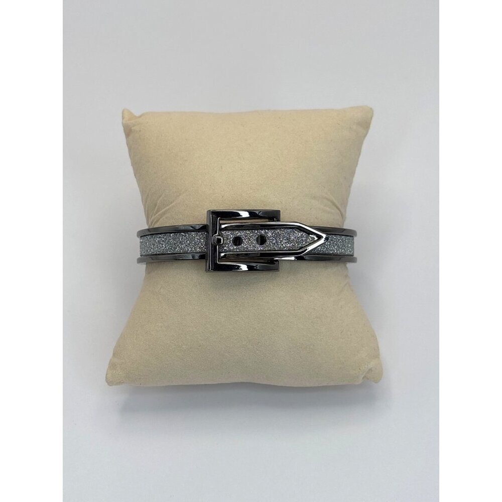 Gunmetal and Silver Glitter Sparkle Belt Buckle Cuff Hinge Bangle Bracelet New